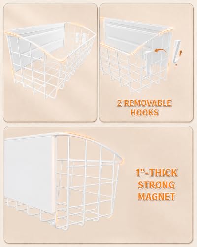 Image of 2Pack Magnetic Shelf for Refrigerator with Removable Hooks(White) | Strong Magnetic Spice Rack for Kitchen Storage, Fruit Potato Onion Storage Shelves, Large Magnetic Basket Organizer