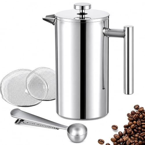 Image of 12 oz / 350 ml Stainless Steel French Press Coffee Maker, Double-Wall Insulated Small Coffee Press with 2 Extra Filters and Coffee Spoon, Single Serve French Press for Home, Office and Camping