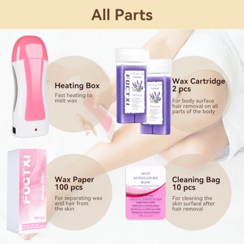 Image of Roll On Wax kit, Wax Roller Kit for Hair Removal with 2 Lavender Soft Wax Cartridge, 100 Non-Woven Wax Strips & 10 Wipes, Sensitive Skin Roll on Waxing Kit for Women