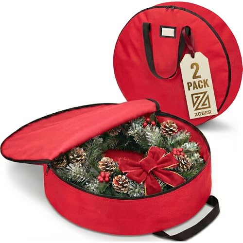 ZOBER 2 Pack Oxford Christmas Wreath Storage Container 30 Inch - Wreath Bag for Artificial Wreaths Box - Waterproof Fabric, Dual Zippered Wreaths Storage Bag With Strong Durable Handles - Red