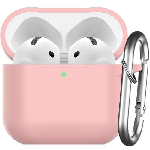 Nemteur Custodia per AirPods 4 2024, Case Protettiva in Silicone per AirPods 4th 2024 Cover in Silicone Visibile a LED Frontale con Moschettone, Rosa