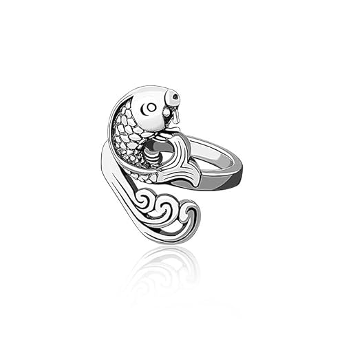 Good Luck Koi Fish Statement Ring for Women Men Vintage Silver High Polish Open Spray Charm Wrap Finger Band Expandable Stacking Rings Hypoallergenic Comfort Fit Unique Amulet Jewelry Best Friends
