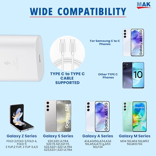 Image of 25W Charger with Cable for Samsung Galaxy M33 5G Charger Adapter Compatible with Galaxy M33 Charger Adapter, 25 Watt USB Type C to C Pd Charging Adapter C Type, White