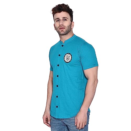 Image of Geum Men's Mandarin Collar Shirt with Graphic Print| Short Sleeve Cotton Blend Slim Fit Casual Shirt for Men
