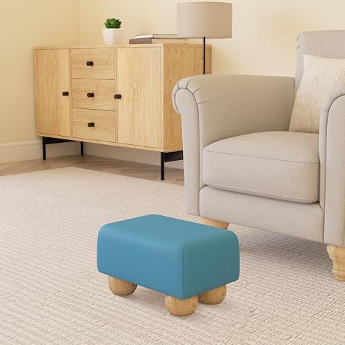 Image of Footstools Direct Lapis Blue Faux Leather Small Footstool, Rectangular, 34 x 23 x 19.8 cm, Natural Wood Bun Feet, Handmade in Britain, Accent Stool for Sofa, Bedroom & Lounge