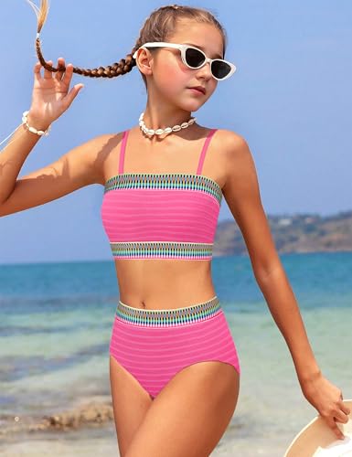 DONWEN Girls Colorblock Swimsuit Two Piece Bandeau Bikini Set Ribbed Woven Bathing Suits3