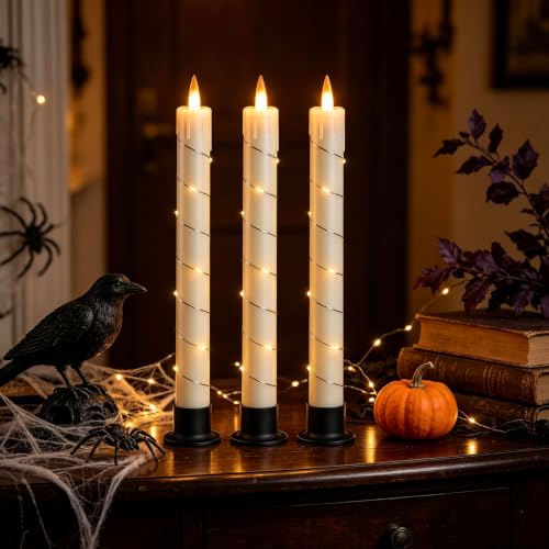 Image of 3 Pack Ivory Dripping Wax Flameless Candles, Realistic Dynamic Flame LED Taper Candles with Surrounding Fairy String Lights, Remote Control Battery Operated Candles for Home Wedding Holiday Decor