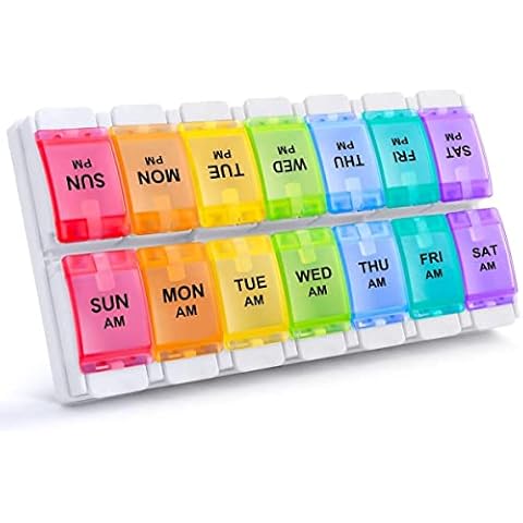 AM PM Weekly 7 Day Pill Organizer, HUAXIYAN Large Daily Pill Cases Pill Box with Easy Push Button Design for Pills/Vitamin/Fish Oil/Supplements (Rainbow) Cover