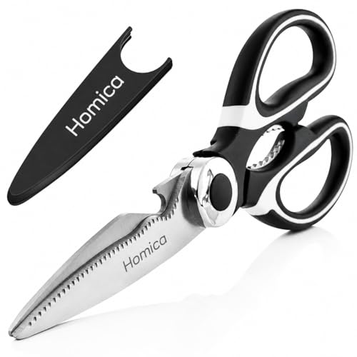 Image of Multi Purpose Heigh Quality Kitchen Scissors | Premium Stainless Steel Food Shears for Meat, Chicken, Fish, Seafood, Vegetables & Herbs | Heavy Duty Kitchen Shears with Bottle Opener | Black