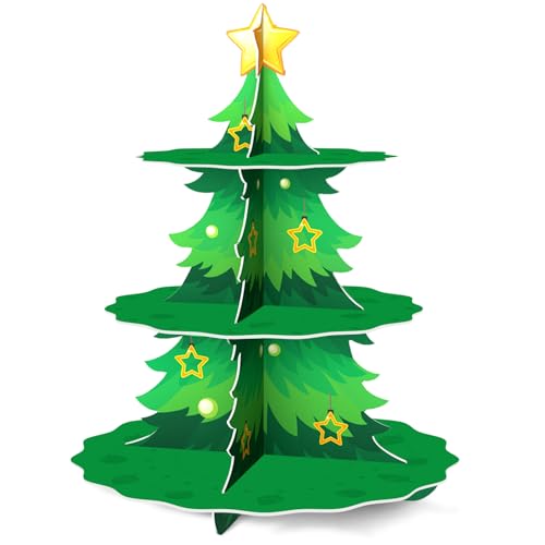 WEEPA Christmas Cupcake Stand 3 Tier Cardboard Cup Cake Stand Xmas Tree Party Treat Stand Merry Christmas Party Dessert Tower Holder