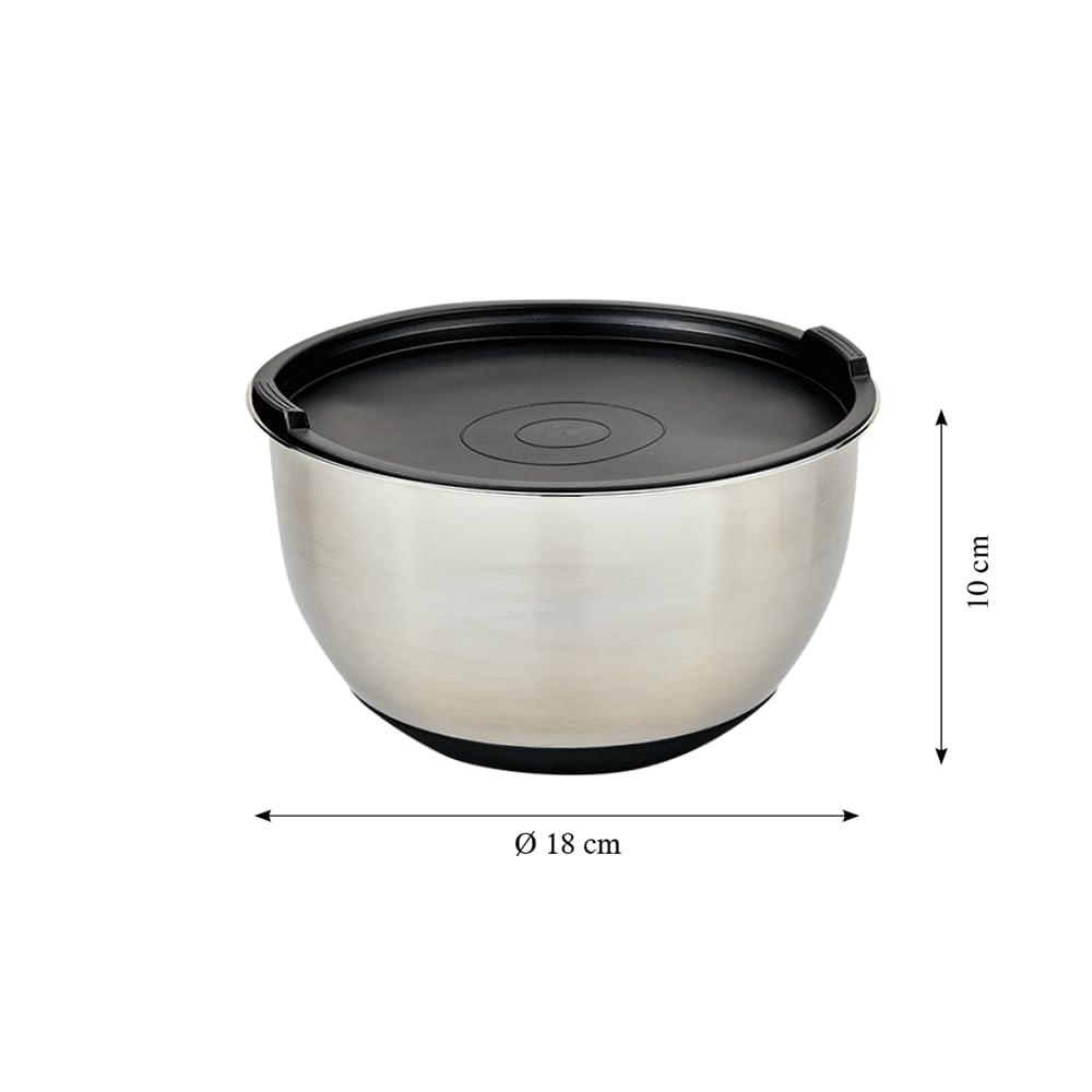 Kesper | Ciotola con coperchio, materiale: acciaio inossidabile, plastica, silicone, dimensioni: Ø 18 cm, altezza: 10 cm, colore: argento, nero | 90895