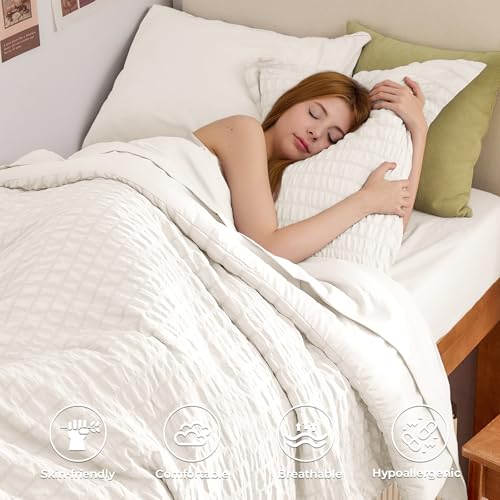 Image of HYMOKEGE Ivory Twin Comforter Set Seersucker 5 Pieces, All Season Luxury Bed in a Bag for Bedroom, Bedding Set with Comforters, Sheets, Pillowcase & Shams
