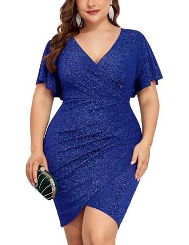 Image of ZOMVA Plus Size 0X-4X Sparkly Glitter Ruched Bodycon Mini Dress Sparkle Sequin Wrap Ruffle Sleeve Dress Cocktail Party Formal