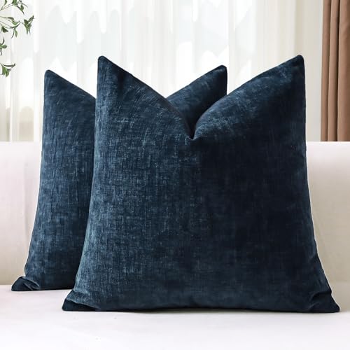 JOTOM Set of 2 Cushion Covers 60x60 cm Soft Chenille Navy Blue Decorative Throw Pillow Covers 24x24 Inch Square Cushion Case Solid Pillowcases for Couch Sofa Living Room Bed Home Decor (Navy Blue)