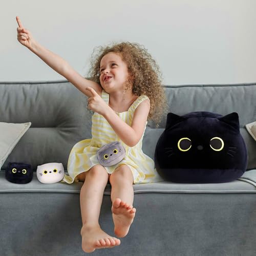 Image of WeBingo Black Cat Plush Toy 4-Piece Set, 16'' Giant Cat Stuffed Animal Plushies Pillow with 3 Babies for Girl Boy Kid Adult, Large Big Soft Gift for Birthday Christmas Valentine's Day Home Decor
