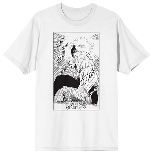 Seven Deadly Sins Manga Escanor with Divine Axe Crew Neck Short Sleeve Mens White T-Shirt -Large