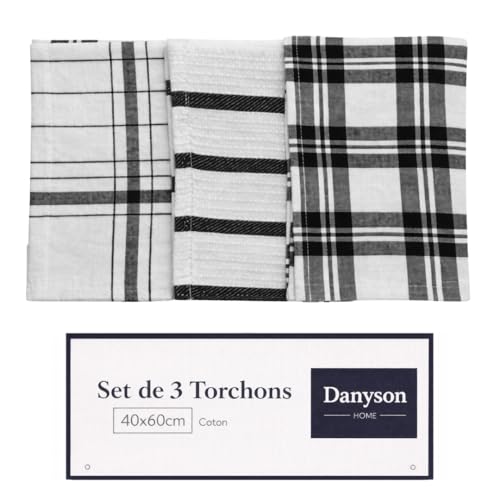 DANYSON Lot de 3 Torchons de Cuisine 100% Coton 40 x 60 cm – Torchons Vaisselle Absorbants et Lavables en Machine – Noir