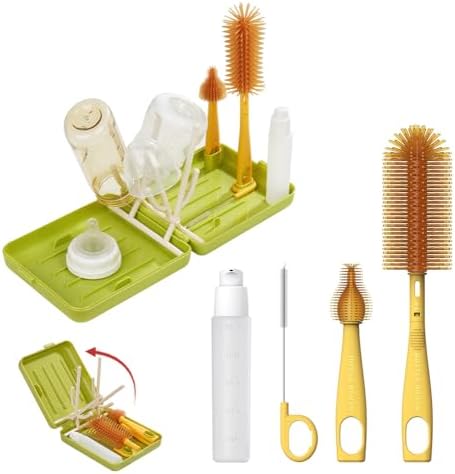 Travel Bottle Cleaner Kit with Extendable Liquid Silicone Bottle Brush, Nipple Brush, Straw Brush, Soap Dispenser, Drying Rack and Organizer Box, BPA Free – Green
