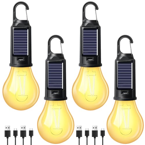 Campinglampe Solar, 4 Stücke Camping Lights Aufladbar Zeltlampe, Camping Lantern mit Karabiner, LED Camping Laterne Zeltlampe Glühbirne Set Camping...