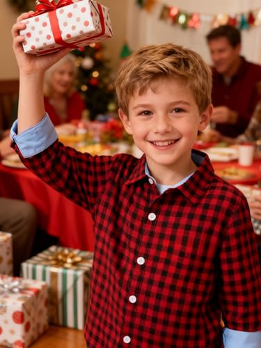 Image of Size 5-10 Years Boys' Long Sleeve Buffalo Plaid Button-Down Shirt Fall Thin Outfits Kids Clothes