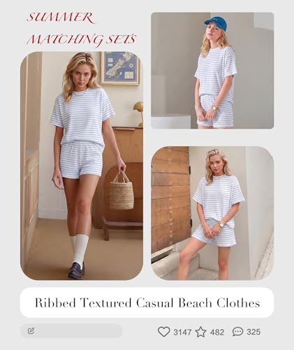 Image of MARZXIN Women 2 Piece Shorts Set 2026 Casual Summer Cruise Outfits Ribbed Loose Short Sleeve Pocket Matching Lounge Sets