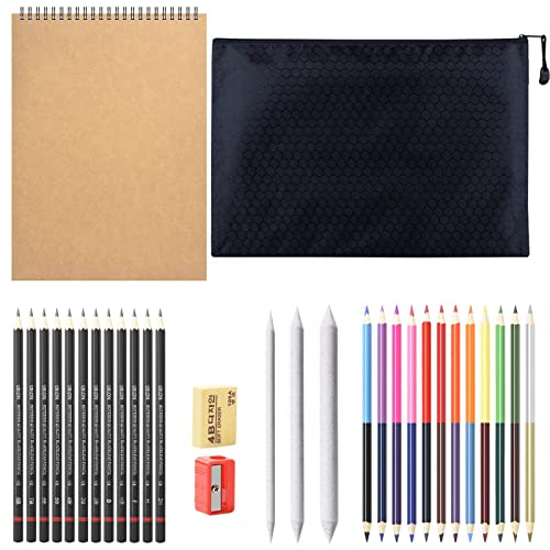 YEZIDE Sketching Pencils and Drawing Set 31pcs Sketching Drawing Color Pencil Set including Graphite Pencils dual ended colored pencils Sketch Book for Kid Adults Artists Student Black