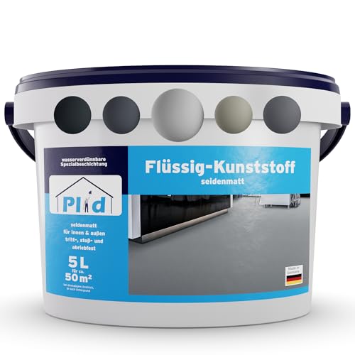 Plid® Flüssigkunststoff Innen & Außen, Lichtgrau 5L - Flüssiger Kunststoff - Schutzschicht für Boden & Wand- Betonfarbe Wasserfest - Bodenbeschichtung Terrasse, Werkstatt, Keller - Flüssig PVC