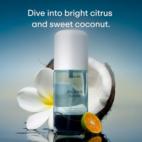 Image of PHLUR Island Swim Body Mist, 3 Fl Oz - Hair and Body Perfume | Tropical Citrus Coconut Body Spray with Bergamot, Plumeria & Sandalwood Fragrance