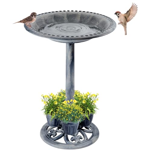 Demeyad Bird Bath for Outside with 4 Removable Flower Planters 28in Polyresin Lightweight Vintage Birdbath for Outdoors Stake Standing Bowl and Water Feeder Yard Garden Decor Gray