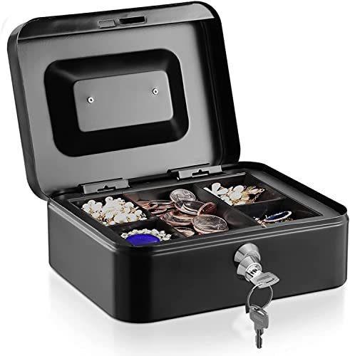 Cajas de Caudales, Zimiking pequeña caja de seguridad con llave, caja de efectivo con bandeja extraíble, para el hogar, oficina, hotel, dinero, cheques, monedas, joyas, 9.84" x 7.87" x 3.54", Negro Cover