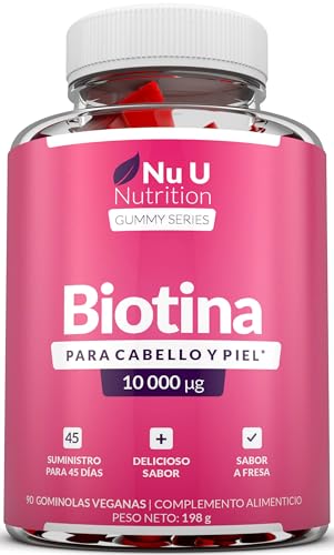 Biotina para el Cabello 10000mcg - 90 Gominolas Veganas Sabor Fresa - Vitaminas para Crecimiento del Cabello y Piel - Nu U Nutrition