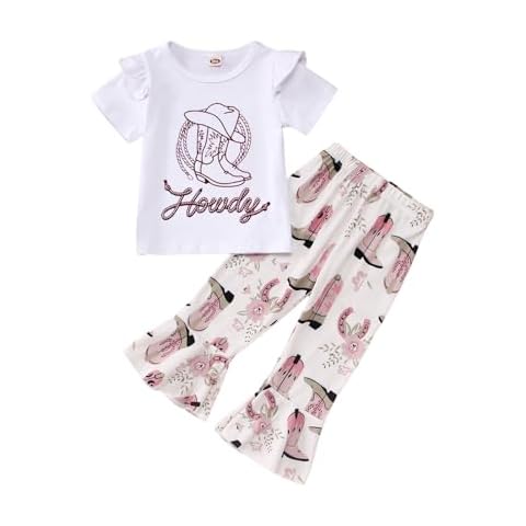 CM C&M WODRO Toddler Baby Girl Bell Bottom Outfits Western Cowgirl Flying Sleeve T Shirt + Boho Flared Bell Bottom Pants (Howdy Boots, 3-4T) Cover