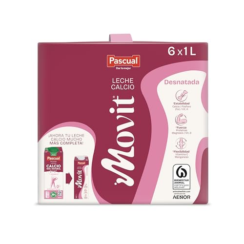 Leche Pascual - Leche Desnatada Pascual Movit con Calcio - Bienestar Animal - Pack 6 x 1L - Ideal para niños y adultos, Producto Natural y Saludable