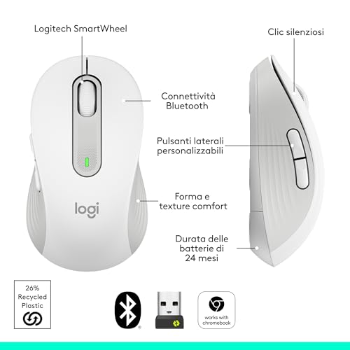 Signature M650 L Mouse wireless - Per mani grandi, Durata Batteria 2 anni, Clic Silenziosi, Tasti Personalizzabili, Bluetooth, per PC/Mac/Più dispositivi/Chromebook - Bianco - Mouse gaming - Immagine 8