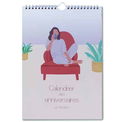 alexiableu - Calendrier des anniversaires perpétuel mural, A4, illustrations zen (yoga, lecture, piscine), à remplir, idée cadeau femme, maman, grand-mère, décoratif, pratique, relié spirale