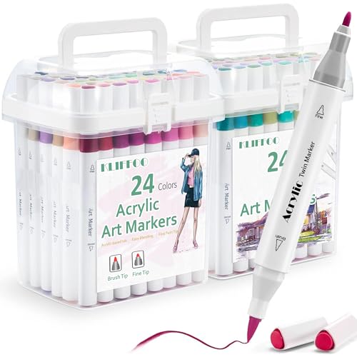 Image of KLIFFOO 24 Colors Dual Tip Acrylic Paint Markers Set with Carrying Case For Painting Sketching Calligraphy Drawing, Permanent Colouring Marker Pens For Rock, Canvas, Wood, Glass, Ceramic, Fabric (24)