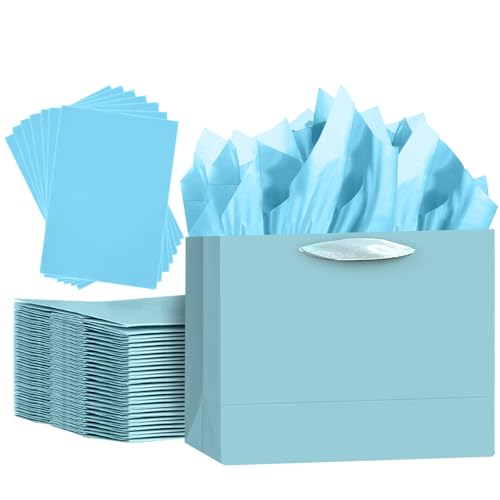 qiqee 5PCS Lake Blue Gift Bags with Ribbon Handles 9.6x7.9x4.3 Medium Size Gift Bags (Tissue Paper included Medium Wide)