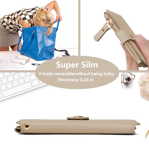 M-Plateau Wallet, Womens Wallet Leather Keychain Wallet With Zipper Coin Pocket ID Window Wrist Strap Gift Box (Khaki)3