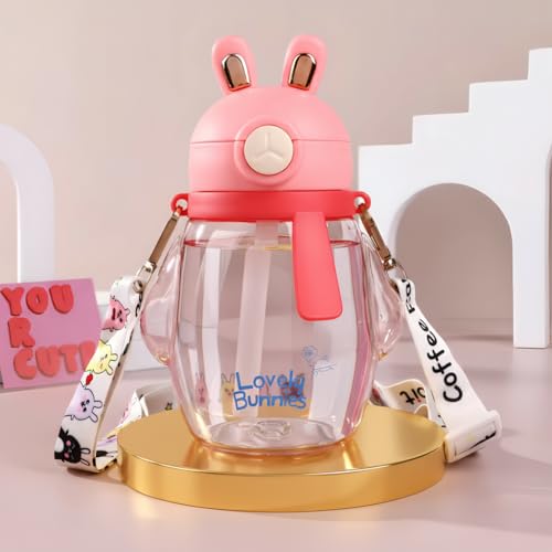 Image of Baybee Lovely Bunnies Kids Water Bottle 600ml | BPA Free & Leakproof Safe Sipper Bottle with Straw | Cute Rabbit Design Smooth Sipping with Handle & Neck Strap, Flip Lid for School Kids & Babys (Pink)