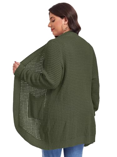 Image of LARACE Long Cardigans for Women Plus Size Tops Open Front Sweaters with Pockets Waffle Ribbed Sleeve Loose Fall Outwear