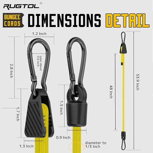 Image of Bungee Cords with Hooks, 48 Inch Adjustable Yellow Bungee Cords with Carabiner Heavy Duty Outdoor, 8mm Thick Easy to Adjust Bungee Rope UV Resistant for Truck Bed, Bike Rack, Camping, 6 Pack