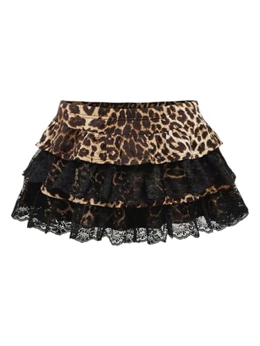 Verdusa Women's Leopard Lace Ruffle Skirt Y2K Tiered Layered Mini Skirts