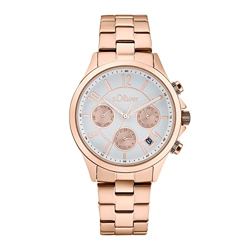 s.Oliver Armbanduhr Damen Quarzuhr Analog, mit Edelstahl Armband, Roséfarben, 5 bar Wasserdicht, Multifunktion, Kommt in Uhren Geschenk Box,
