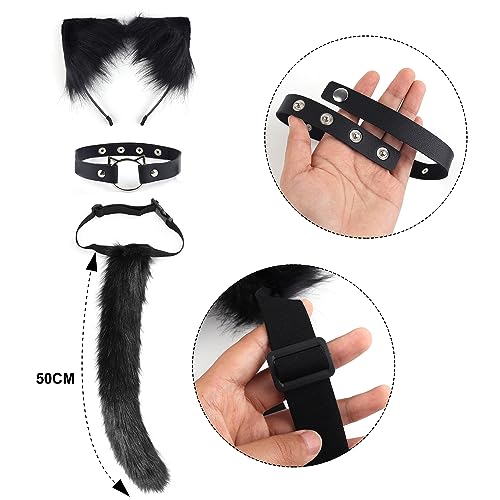 Paxrmuky Katzenohren Haarreif, Katzenkostüm Damen Erwachsener Set mit Plüsch Schwarz, Katzenschwanz und Katzenohren Halsband für Halloween, Karneval, Kostümfest, Katze Cosplay