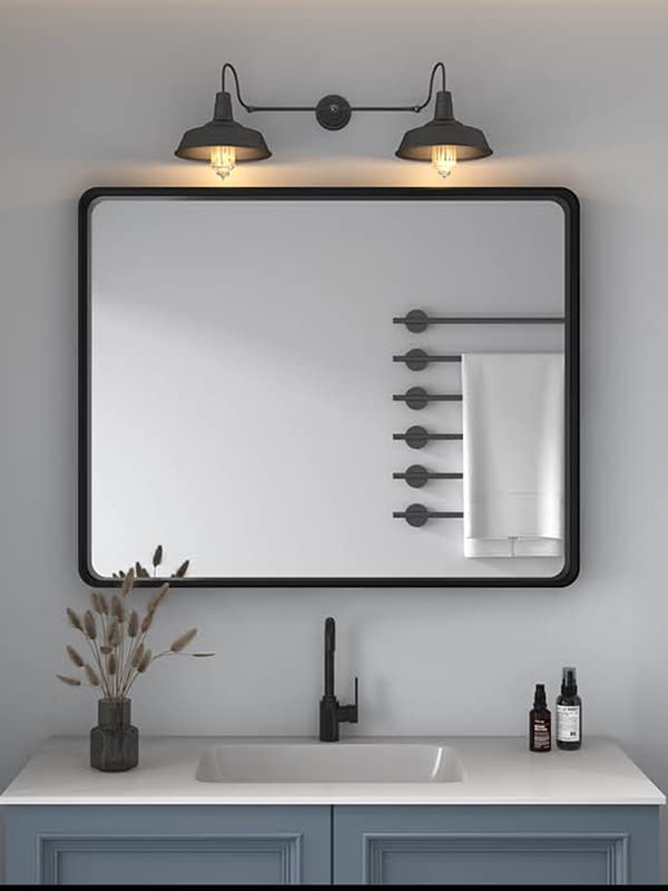 OKPAL 48X36 Inch Wall Mirror Black Bathroom Vanity Mirror with Metal Frame Aluminum Alloy Soft Rounded Corner for Modern Farmhouse Wall Decor 0.8”Deep Set Design (Horizontal/Vertical)