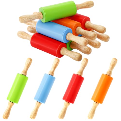 SOUJOY 8 Pack Mini Rolling Pin, 9 Inch Small Dough Roller with Wood Handle, Silicone Dough Rolling Pin for Kids Craft Kitchen Dough Cookie Pastry Fondant Cake, 4 Colors