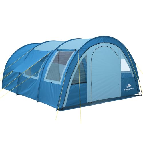 CampFeuer Zelt Multi für 4 Personen | 5000 mm Wassersäule | Blau/Hellblau | Tunnelzelt mit riesigem Vorraum, Campingzelt mit Bodenplane und versetzbarer Vorderwand | Gruppenzelt, Familienzelt