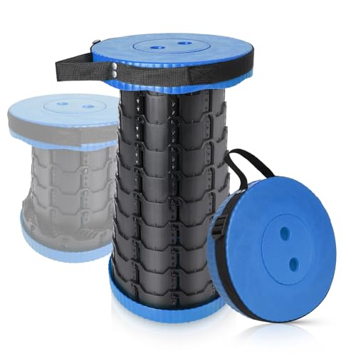 2 Stück Tragbarer Teleskophocker, Tragbarer Klapphocker, Höhenverstellbarer Campinghocker, Outdoor-Ausrüstung, Indoor-Küche, Klapphocker mit Karabiner (Blau) Maximale Belastung 200kg