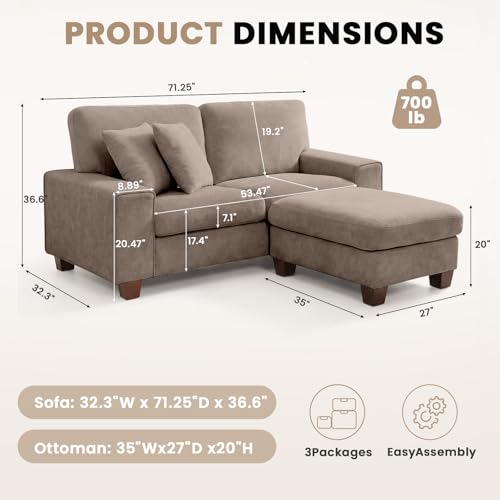 Image of DOPEDIO L-Shaped Sectional Sofa with Storage Ottoman, Modern Chenille Recliner Loveseat, Removable Couch Covers, Pocket Spring Cushions, Solid Wood Frame, Easy to Install (71.25inch, Brown)