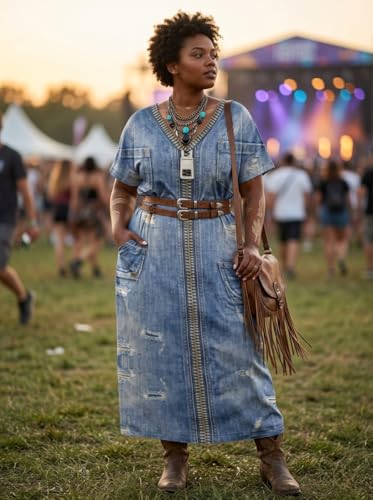 Image of SUZONANA Plus Size Denim Print Maxi Dresses for Women Casual V Neck Short Sleeve with Pockets Soft Jean Look Dress XL-6XL